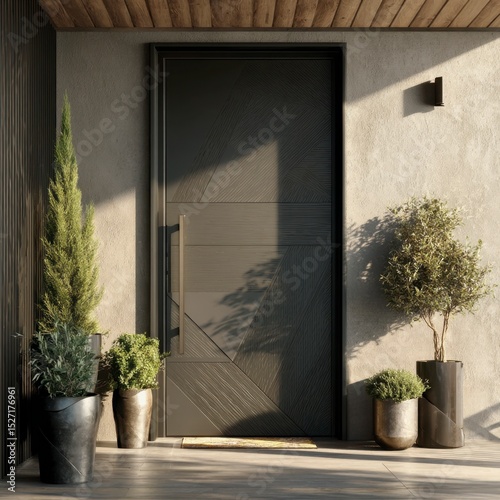 Modern exterior entrance with dark gray metal door