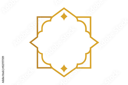 This image features a golden, geometric frame with an intricate, star-like design. The frame is symmetrical, with eight points radiating outwards. It has a central, open space, 