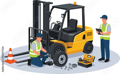 Two industrial technicians repairing a forklift wheel with safety equipment and tools on isolated platform during routine warehouse maintenance