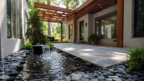 Modern home entryway walkway with water feature