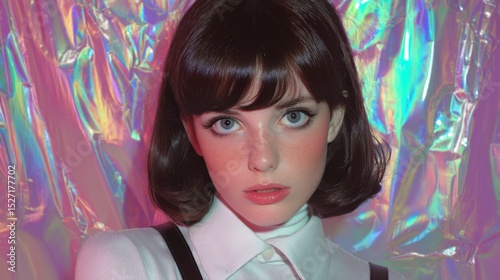 Young woman portrait with holographic background