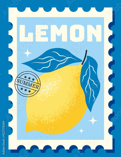 Retro lemon vertical poster styled as postage stamp with summer motif. Great for travel themed designs, fruit labels and seasonal decorative artwork. Vector illustration