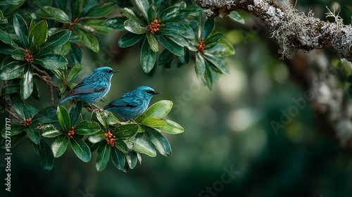 Two Blue Birds on Lush Green Branches in Sunlight