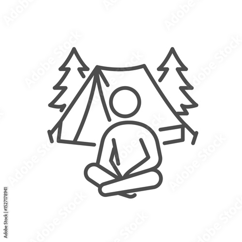 Person camping, sitting by the tent icon. Thin line editable stroke illustration for outdoor vacation, summer forest camping, tent holidays, and peaceful nature retreat