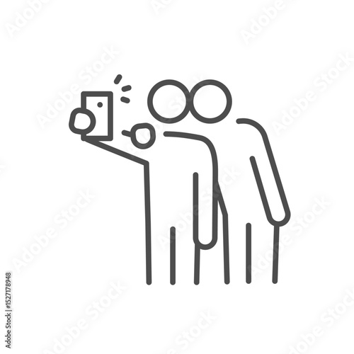 Two people taking a selfie icon. Thin line editable stroke vector illustration for social media, smartphone photography, group portrait, friendship memory, and modern lifestyle.