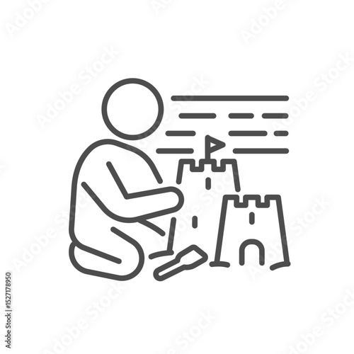 Kid building sandcastle icon. Thin line editable stroke vector illustration for summer beach activity, children fun, seaside holiday, and creative outdoor play.