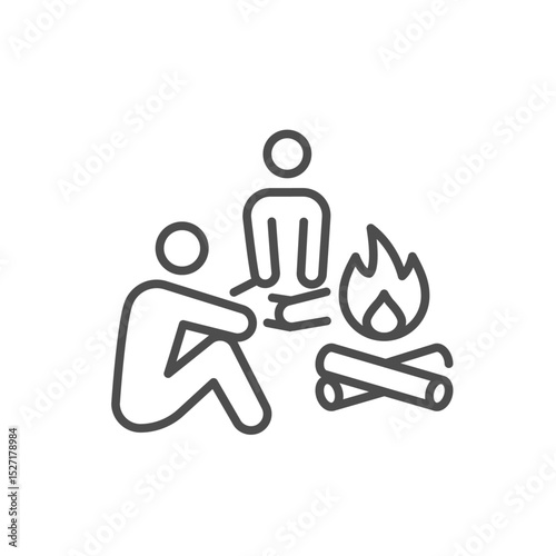 Two people sitting by the campfire icon. Thin line editable stroke vector for camping, adventure, outdoor life, hiking, bonfire, survival, and wilderness experience
