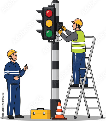 Technicians repairing traffic light wiring system on a ladder with tools and safety equipment during urban signal maintenance work isometric