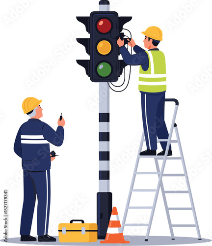 Technicians repairing traffic light wiring system on a ladder with tools and safety equipment during urban signal maintenance work isometric