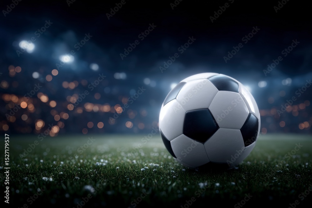 Fototapeta premium Soccer Ball on Grass Night Stadium Dramatic Lighting 3D Render