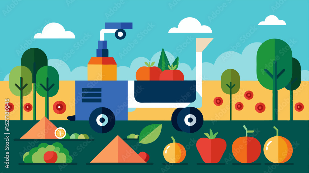 Naklejka premium An autonomous cart navigates through fields of vegetables equipped with cameras and sensors to identify and collect specific produce and transport them to the sorting station.. Vector illustration
