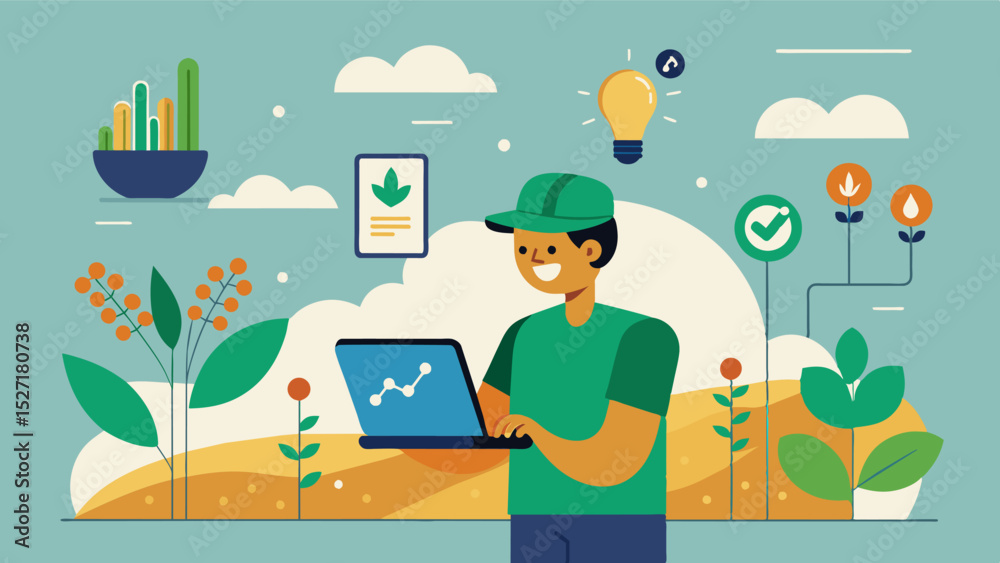 Naklejka premium As the crops grow the digital platform continually tracks their progress and notifies the farmer of any potential issues or abnormalities.. Vector illustration