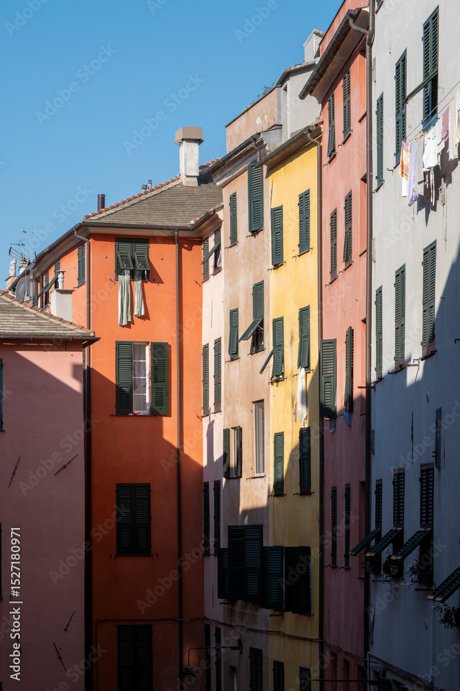 Fototapeta premium view of colourful facades on the streets of Genoa, Italy