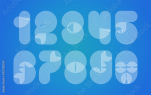 Line number logo type. Vector funky anniversary design. Striped digital graphic font. Retro sport artistic typography. Round old character alphabet. Poster decorative digits, outline circle shapes