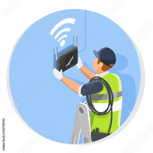 Professional technician installing a wireless WiFi router on a blue wall to provide high speed internet in a home or office environment