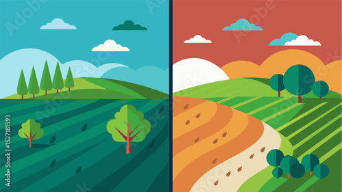 A pair of images showcasing the contrast between lush green farms in the past and barren droughtridden fields in the present due to changes in weather patterns.. Vector illustration