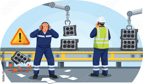 Production line malfunction causes potential damage to engine parts during automated manufacturing process in industrial factory cartoon isometric