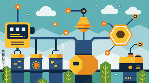 Automated honey extraction machines using digital sensors to detect optimal harvesting time.. Vector illustration
