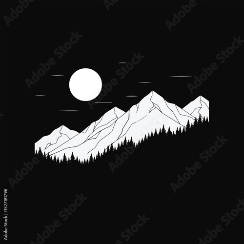 Dark vector night landscape with moon and stars, trees silhouette