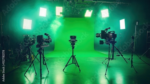 Professional green screen studio setup with cameras, lights and equipment
