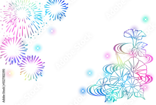 虹色花火と朝顔の暑中見舞いはがき、横、虹色、かわいい、イラスト