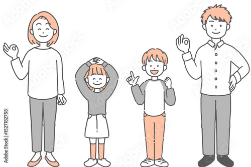 両親・子どもの2世代家族がハンドサインをしているイラストセット
