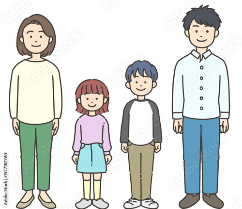 父と母・子どもの2世代家族が立っているイラストセット

