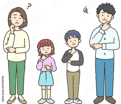 父と母・子どもの2世代家族が困った表情をしているイラストセット
