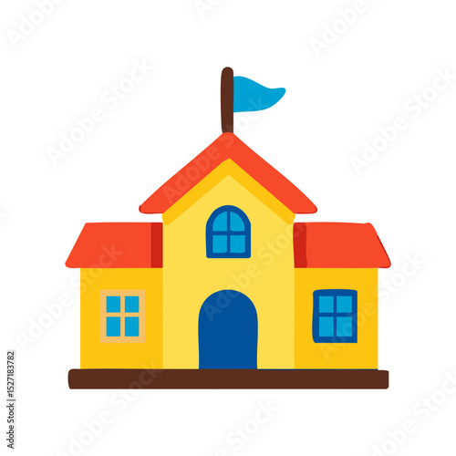 A bright and cheerful cartoon school building with a red roof and blue flag