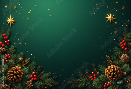 Festive Green Christmas Border.Holiday-Themed Frame with Pinecones and Stars.Elegant Christmas Background with Decorative Elements.