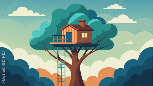 The gentle swaying of the treehouse in the wind creating a sense of tranquility and allowing a freelancer to feel connected with nature as they work.. Vector illustration