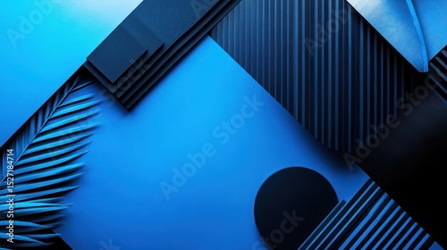 Stylish geometric composition with a palm leaf in shades of blue