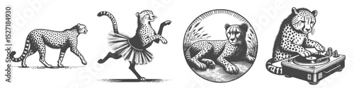Vintage Hand-Drawn Cheetah Music and Dance Illustration, Wild Animal Engraved Style Vector for T-Shirts and Party Themes Design