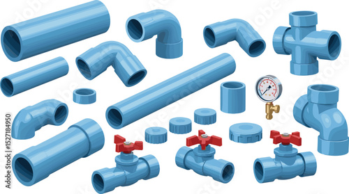 Isometric illustration of various blue plumbing and water pipeline components with valves, gauges and connectors for industrial fluid systems