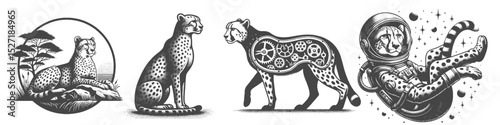 Vintage Hand-Drawn Cheetah Astronaut and Robot Collection Illustration, Wild Animal Engraved Style Vector for T-Shirts and Futuristic Sci-Fi Themes Design