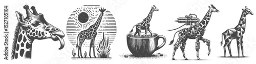 Vintage Hand-Drawn Giraffe with Coffee and Robot Giraffe Illustration, Wildlife Animal Engraved Style Vector for T-Shirts and Whimsical Sci-Fi Themes Design