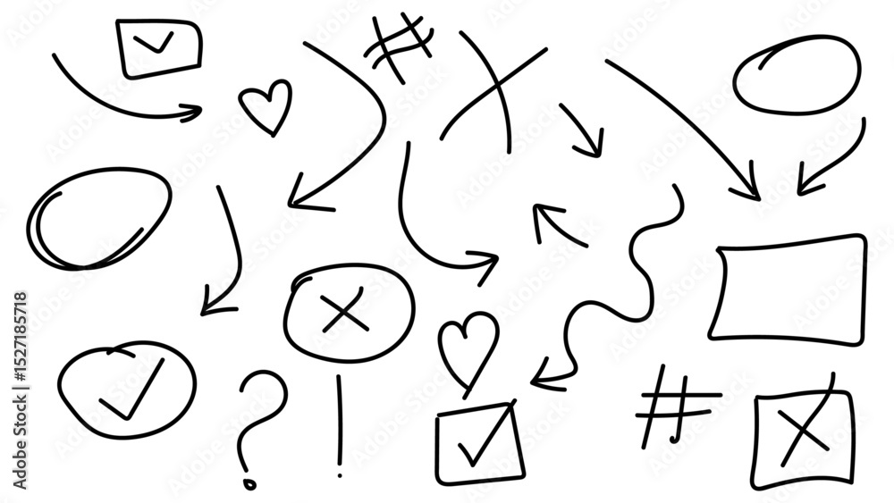 Hand drawn line chalk brush stroke arrow icon set. Chalk crayon underline, check mark, scribble and texture in Scribble marker art. Line, shape punk, frame, doodle grafiti. Vector illustration