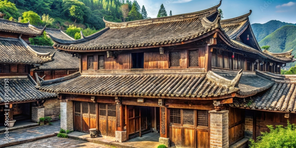 Fototapeta premium Traditional Chinese village house with tiled roof and intricate carvings, Chinese architecture,