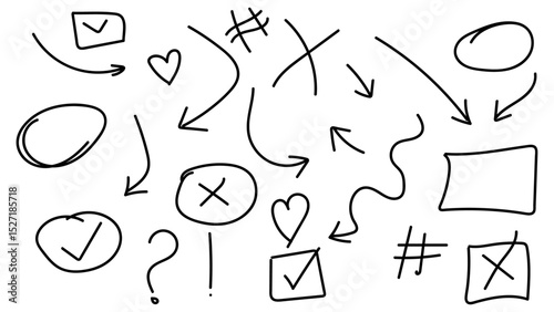 Hand drawn line chalk brush stroke arrow icon set. Chalk crayon underline, check mark, scribble and texture in Scribble marker art. Line, shape punk, frame, doodle grafiti. Vector illustration