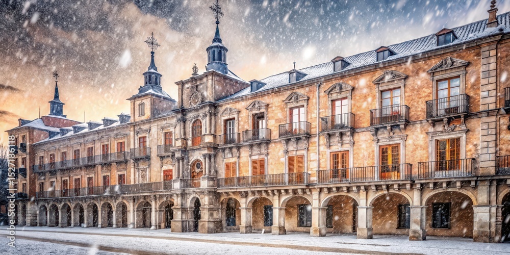 Obraz premium Elegant historic building under snowstorm, historic buildings, alcala street, historic buildings