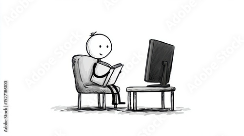 A stick figure absorbed in reading or screen study, illustrating ongoing education and pursuit of professional improvement.