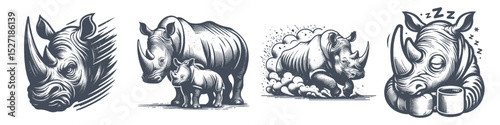 Vintage Hand-Drawn Rhinoceros Collection Illustration, Wildlife Animal Engraved Style Vector for T-Shirts and Safari Themes Design