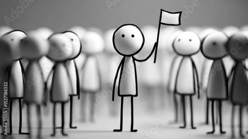 A stick figure stands before a crowd, flag held high, symbolizing leadership and guiding others toward success.
