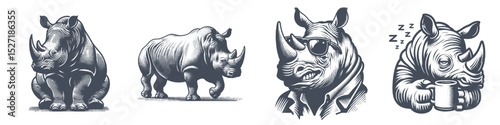 Vintage Hand-Drawn Rhinoceros Collection Illustration, Wild Animal Engraved Style Vector for T-Shirts and Urban Lifestyle Themes Design