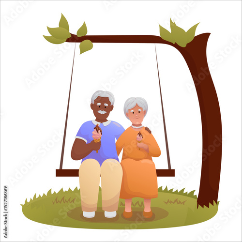 Cute elderly couple swinging on swing. Happy seniors spending time outdoors together