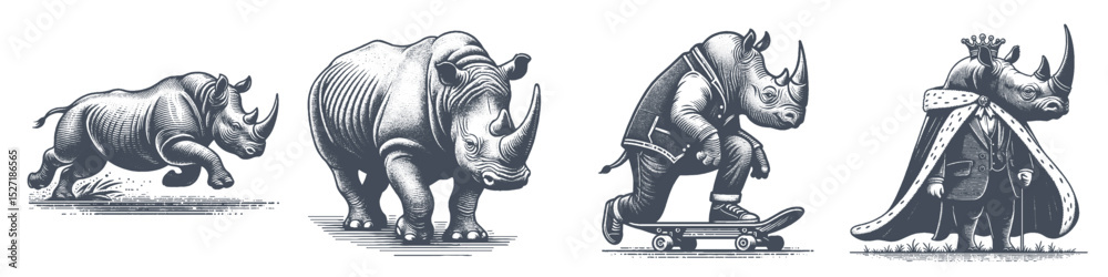 Obraz premium Vintage Hand-Drawn Rhinoceros Playing Skateboard And Rhinoceros As King Illustration, Wildlife Animal Engraved Style Vector for T-Shirts and Urban Street Themes Design