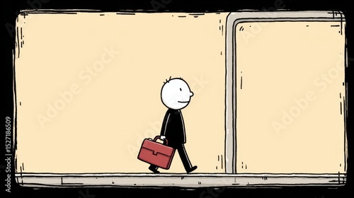 A stick figure climbs aboard public transit, briefcase ready, representing the daily commute and workday start.
