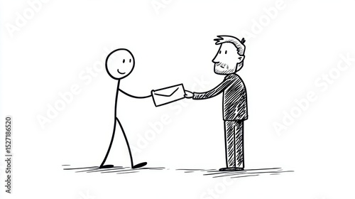 The stick figure passes a letter to a manager, marking the decision to leave a job and embrace new opportunities ahead.
