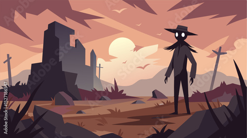 A solitary figure amidst the ruined fields the scarecrow was a haunting reminder of the futility of sticking to old ways.. Vector illustration