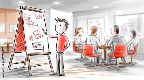 A presenter stick figure points to a flip chart with coworkers taking notes, depicting interactive workplace learning and communication.
